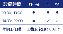 診療時間 月~金(10:00~13:00 14:30~22:00) 土祝(10:00~13:00) 休診日/日曜