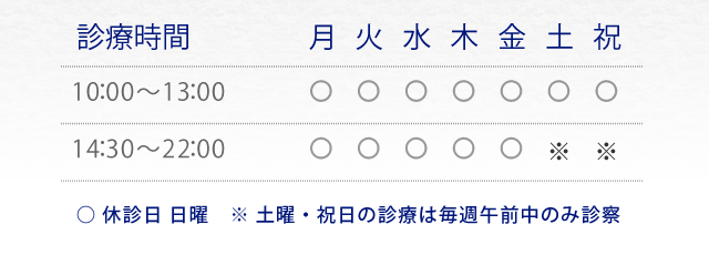 診療時間 月～金(10:00～13:00 14:30～22:00) 土祝(10:00～13:00) 休診日/日曜 ※土曜・祝日の診療は毎週午前中のみ診察