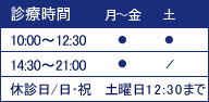 診療時間 月～金(午前10：00～12：30　午後14：30～21：00) 土(午前10：00～12：30) 休診日/日・祝